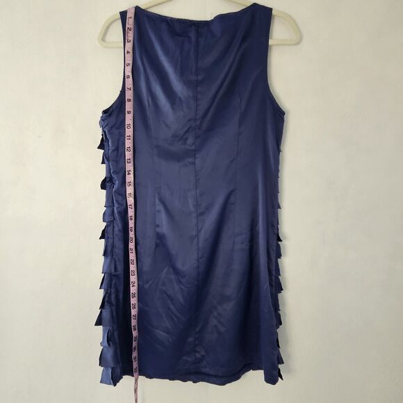 NWT ESLEY Sz M Navy BlueDress Satin Look Side Zip Soft Round Neck Fringe - Picture 2 of 7